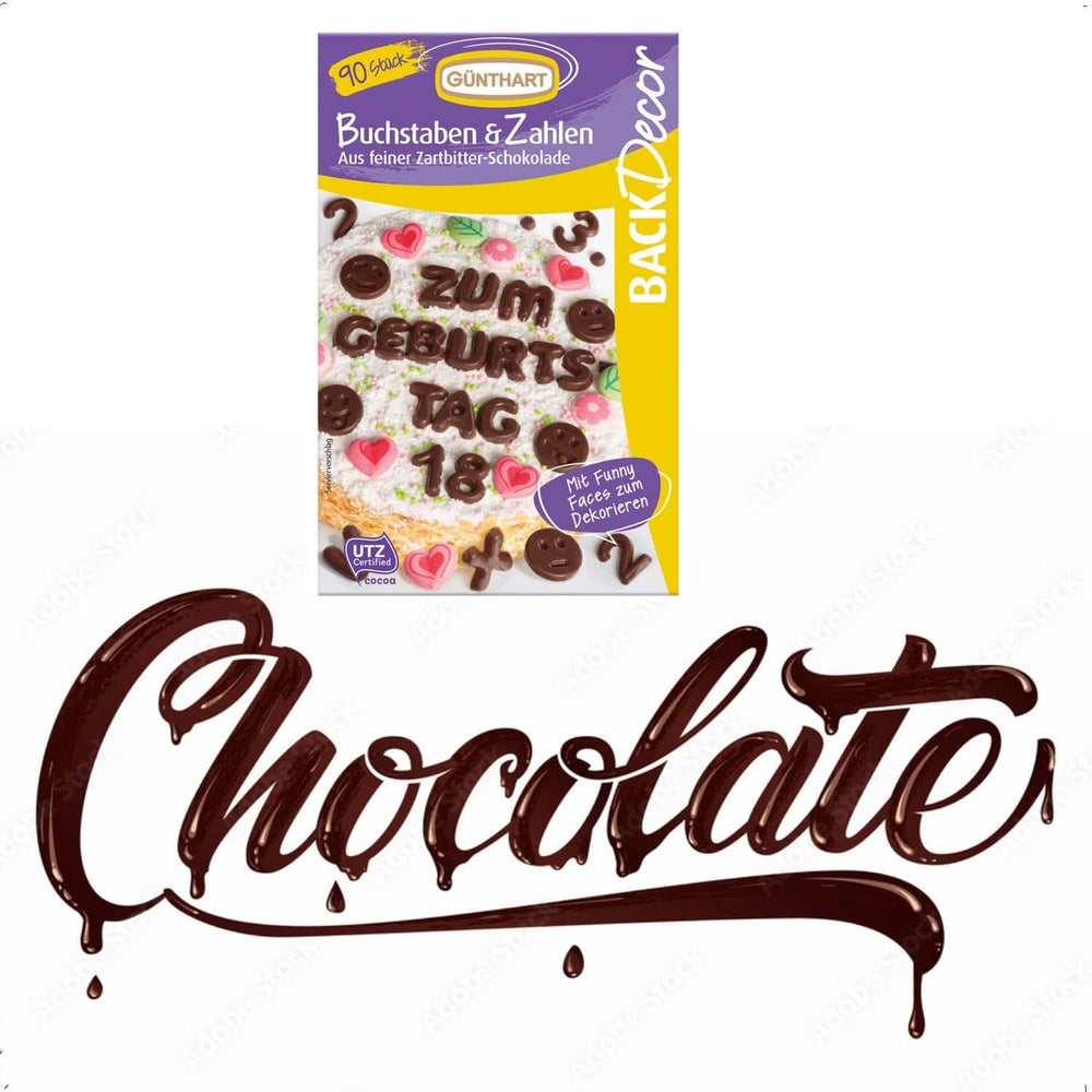 Günthart Backdecor, 90 pieces chocolate letters, alphabet and numbers in fine dark chocolate, 47 grams Naty Shop