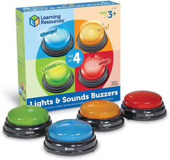 Learning Resources Light & Sound Buzzer jocuri educaționale de la 3 ani Jucărie de întrebări pentru copii cu 4 sunete diferite pentru serile de jocuri și sălile de clasă Jucarii Bebe Naty Shop Nu sunt incluse baterii Set de 4