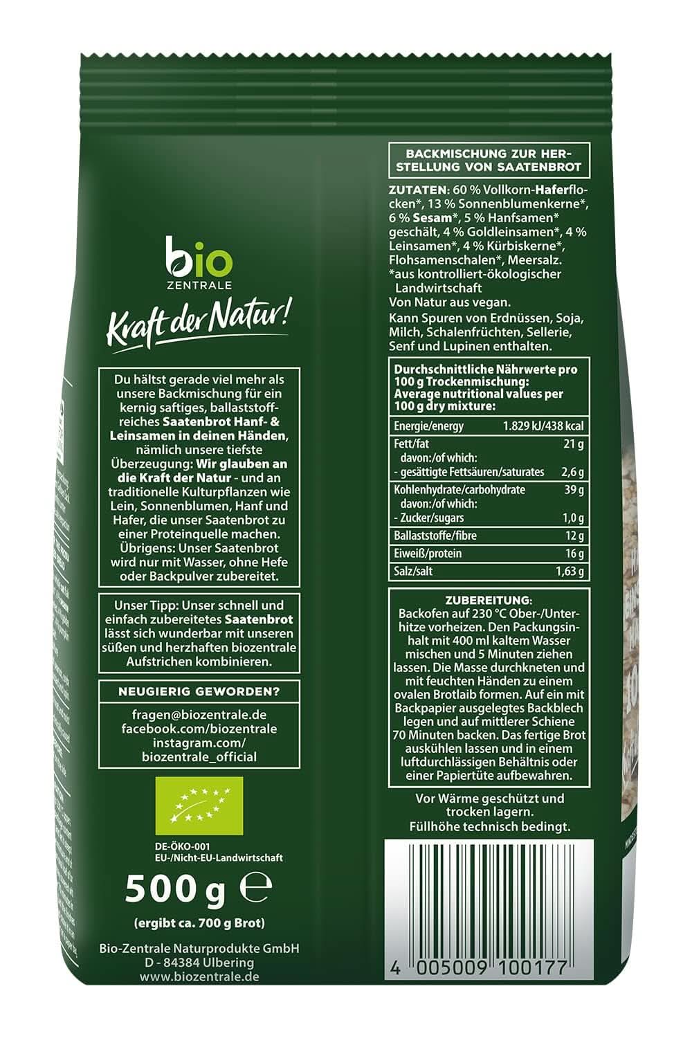 Biozentrale, bread baking mix with hemp seeds and flax seeds, organic, 500 grams Kitchen Naty Shop