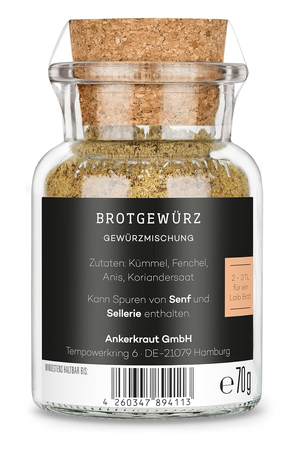Ankerkraut Landbrot, Gewürzmischung zum selber backen von Brot und Brötchen, Semmeln im Backofen backen, 70 g im Korkenglas