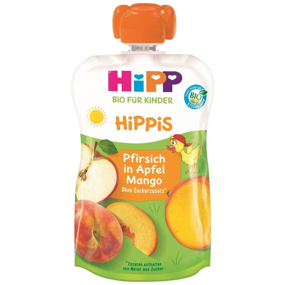 Hipp Super-Hippis squeeze bags, pomegranate acerola in apple-raspberry, 100% organic fruit without added sugar, 6 bags of 100 g Mother and Child Naty Shop 6 x 100 grams Peach Apple Mango