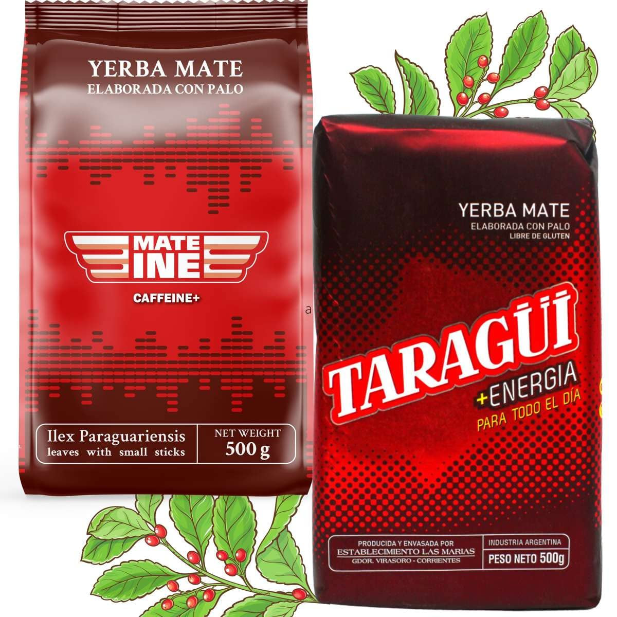 Set de ceai Mate Energia Caffeine | Ceai Yerba Mate Taragui Energia 500 g | Ceai Mate  Caffeine | Alternativă la băuturile energizante și cu cofeină | Ceai Yerba Mate cu frunze întregi 1 kg