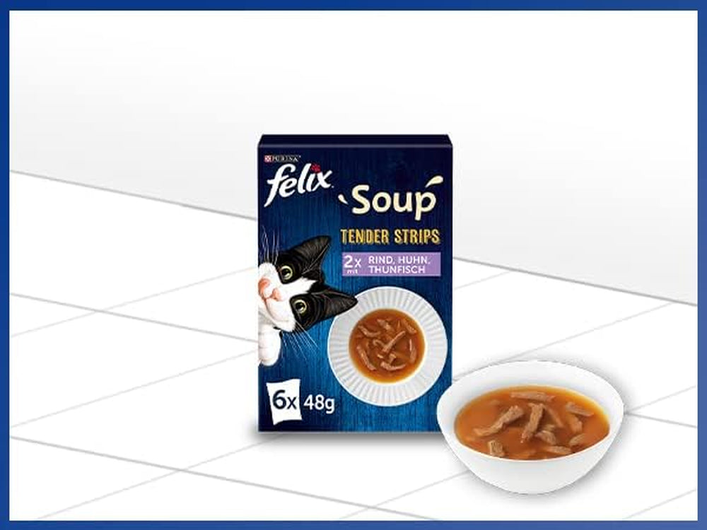 Felix Soup Strips, supă pentru pisici, varietate mixtă, pachet de 8 (8 x 6 pliculețe a câte 48 g fiecare)