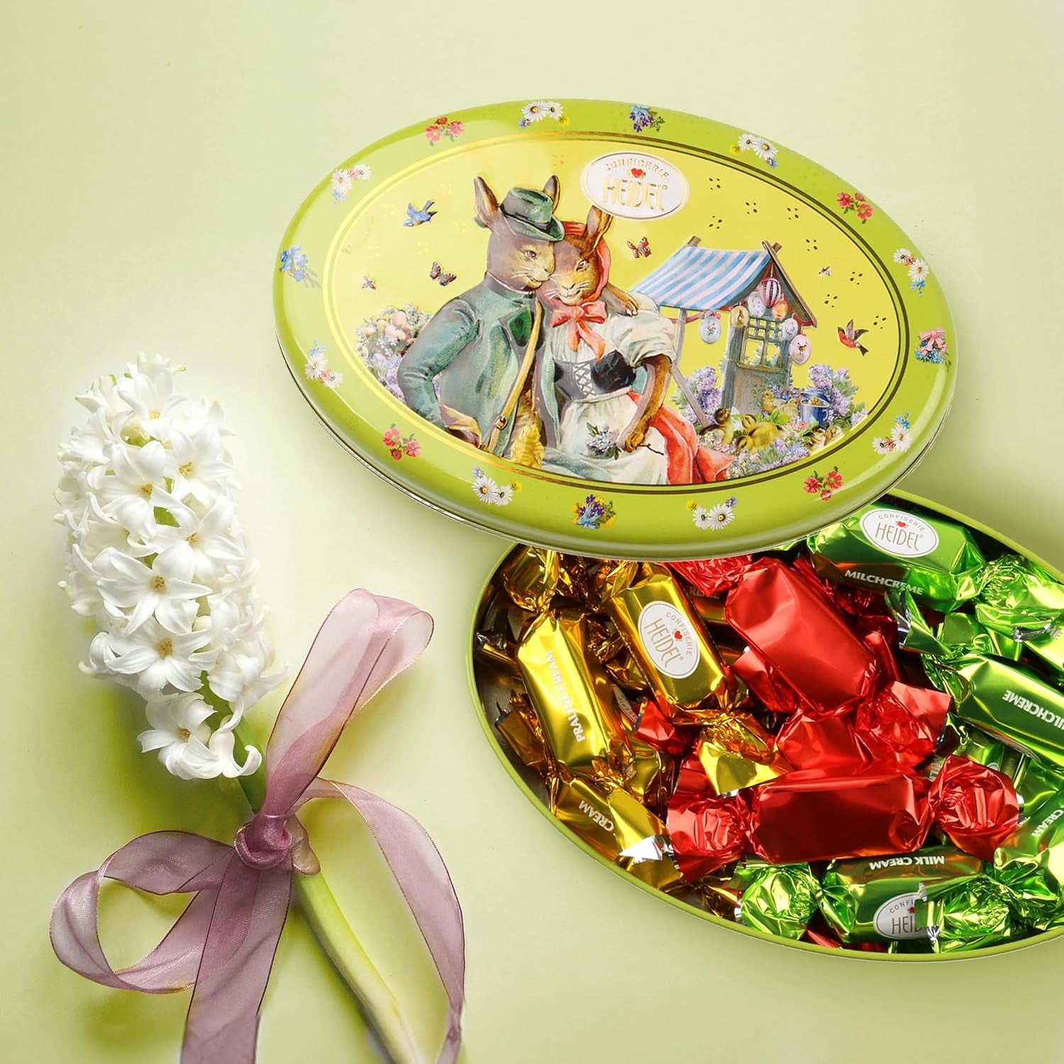 Heidel Easter card gift box 183g, premium milk chocolate praline with decorative metal box, ideal as an Easter gift