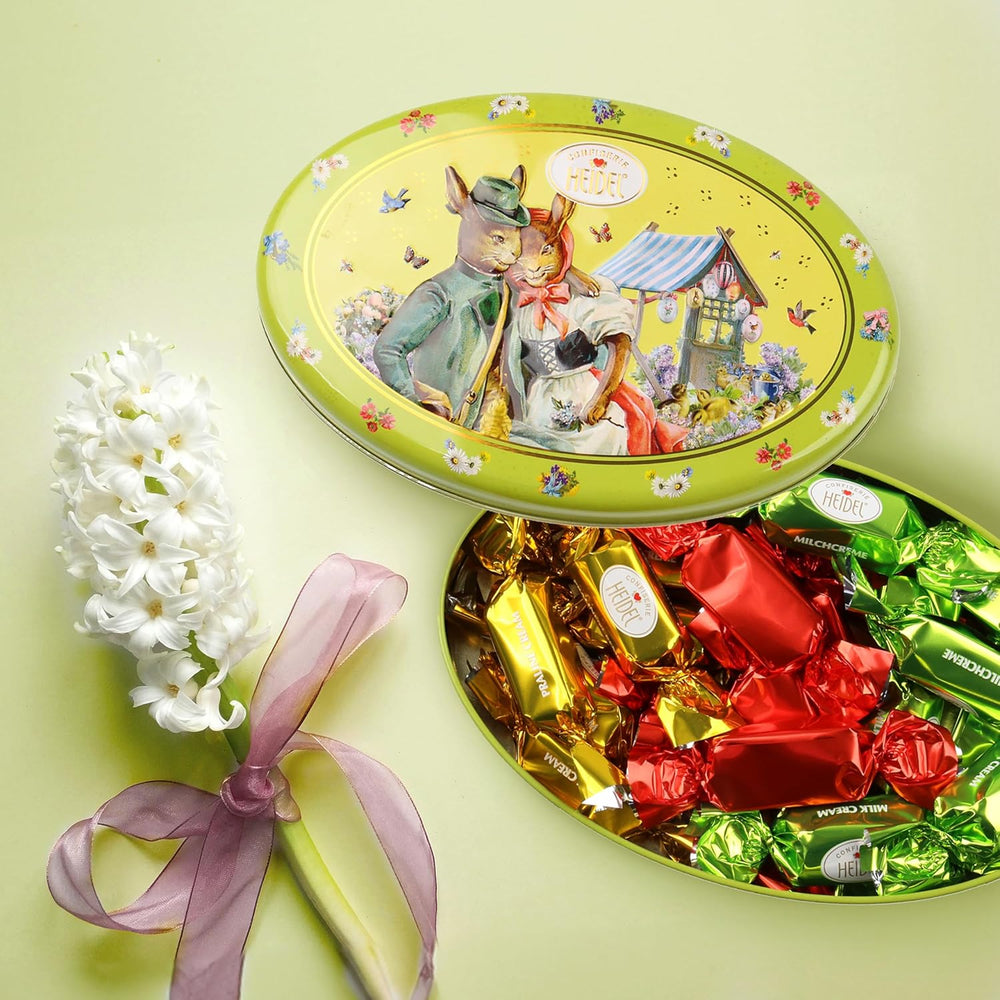 Heidel Easter card gift box 183g, premium milk chocolate praline with decorative metal box, ideal as an Easter gift