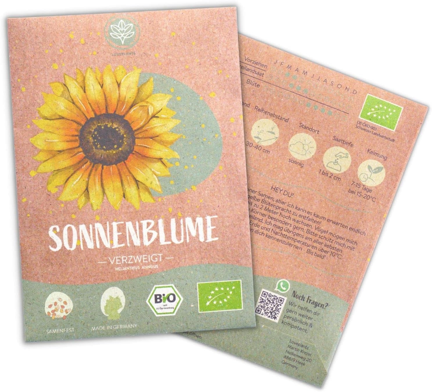 Organic sunflower seeds, branched, 20 sunflower seeds with a high germination rate, sunflower seeds for the garden, balcony, flowerbed or guest gift. Free pollinated flower seeds.