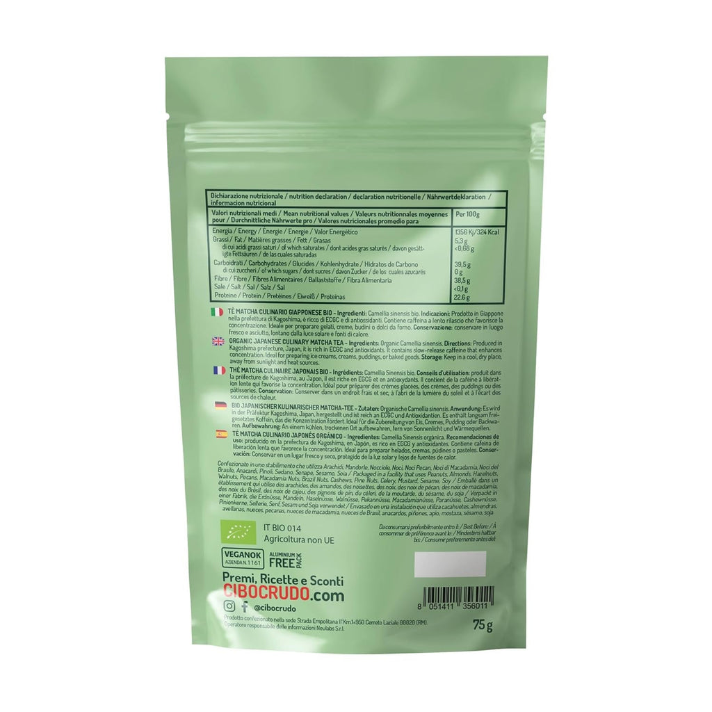 CIBO CRUDO Pudră Matcha Bio 75 g – Ceai verde Matcha japonez pentru prăjituri, înghețată sau deserturi