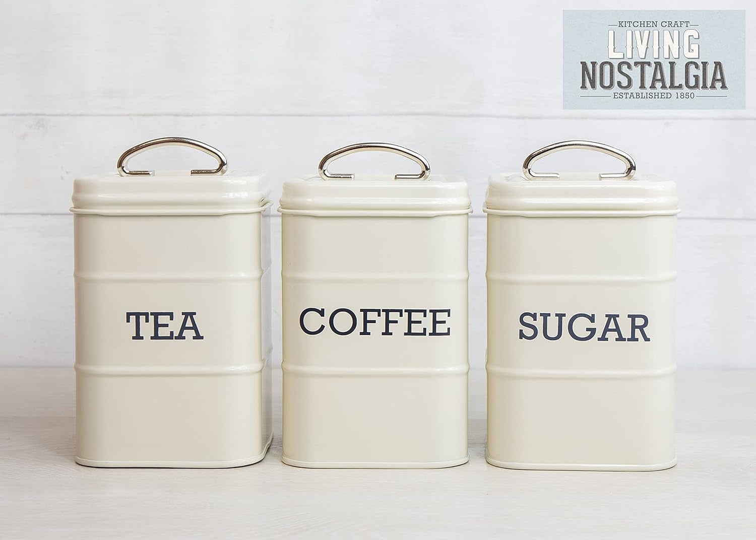 KitchenCraft Living Nostalgia set de 3 borcane de depozitare pentru ceai, zahăr și cafea, în cutie cadou, oțel, Antique Cream , 11 cm x 11 cm x 17 cm, Vintage Blue Cutii depozitare alimente Naty Shop