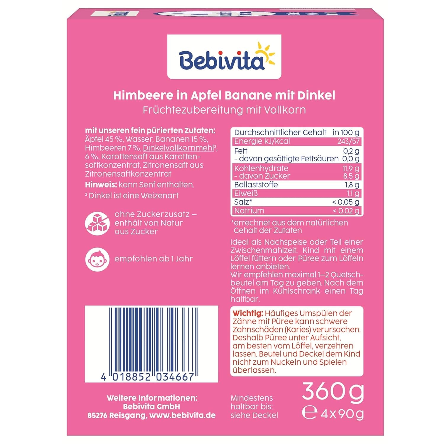 Fruit, raspberry, apple, banana and spelled squeezable sachets - 16 pieces (pack of 4, 4 x 90g each), no added sugar, made from soft fruit and wholesome grains, ideal for take-away snacks and self-consumption