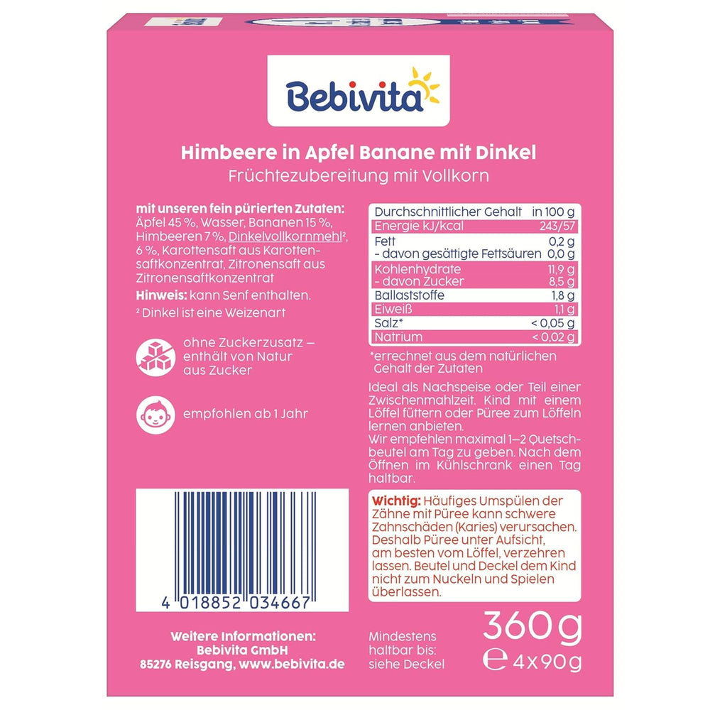 Fruit, raspberry, apple, banana and spelled squeezable sachets - 16 pieces (pack of 4, 4 x 90g each), no added sugar, made from soft fruit and wholesome grains, ideal for take-away snacks and self-consumption