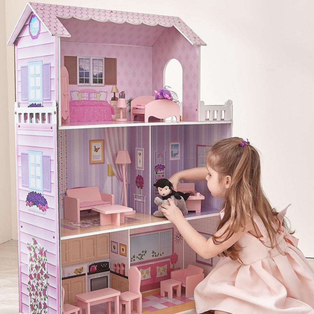 Olivia's Small World Giant Dollhouse, Large Wooden Dollhouse with Furniture and Accessories, 3-Story Dollhouse for Kids, Dollhouse for 12" Dolls, 3 Years + Naty Shop Dollhouses