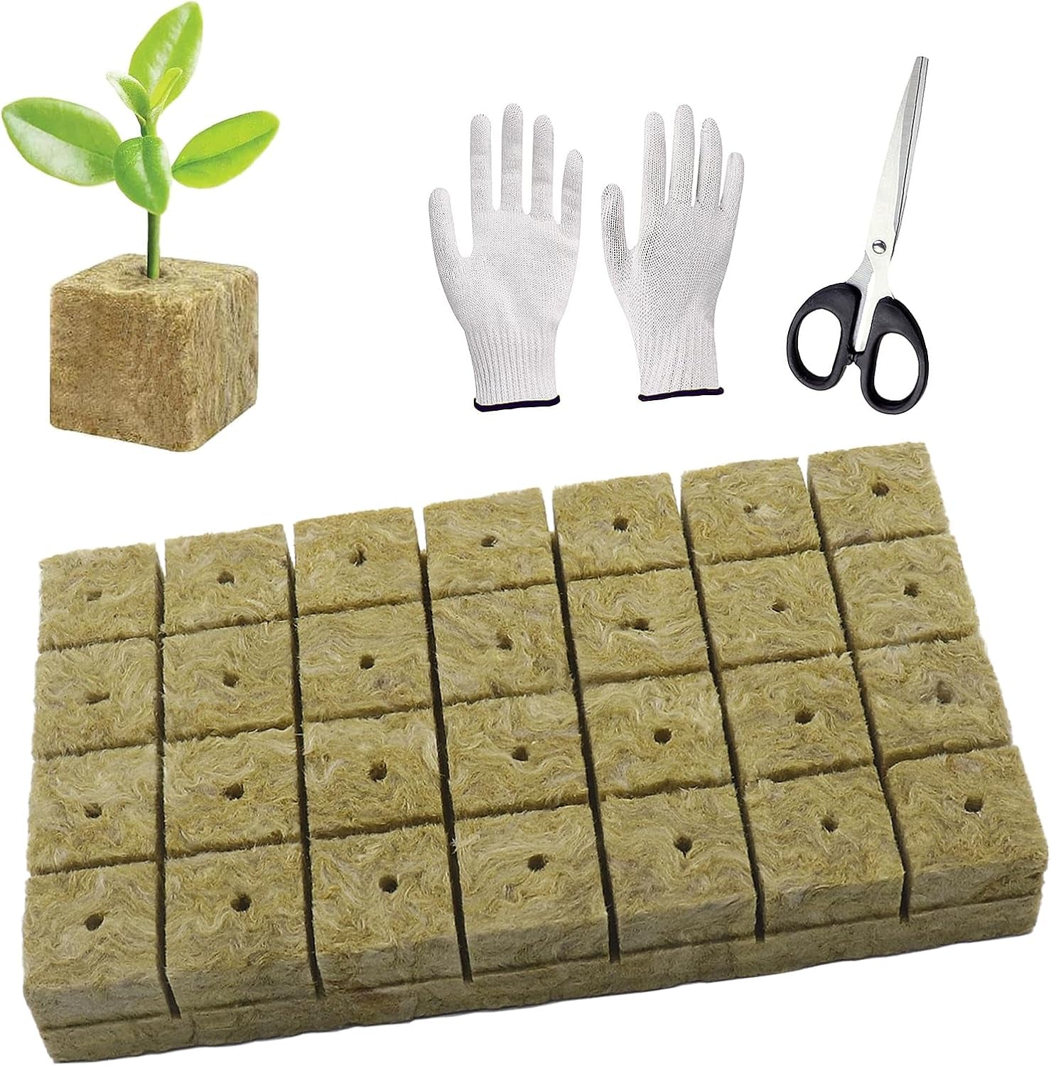 50 de bucăți de covoraș de creștere din vată minerală, cub de vată minerală, izolație din vată minerală, covoraș de creștere din vată minerală cu foarfece și mănuși pentru creștere fără sol, hidroponie și transplantare