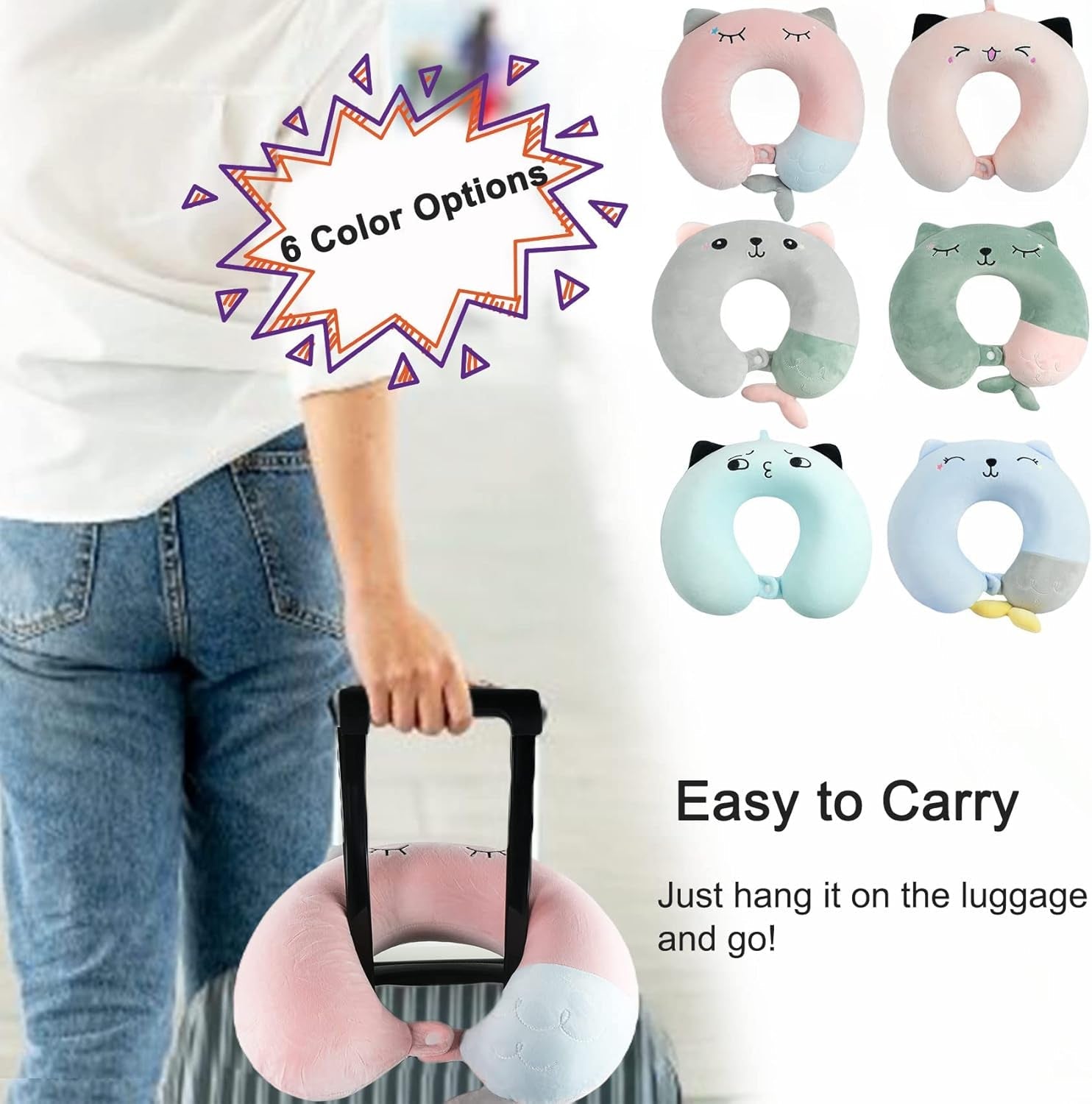 Pernă pentru gât, pernă pentru gât copii pentru călătorii cu avionul, mașina, trenul, pernă de călătorie cu spumă de memorie pentru adulți, pernă în formă de U cu motiv drăguț de animale, pernă Capac detașabil (roz2) Perne ortopedice cervicale Naty Shop