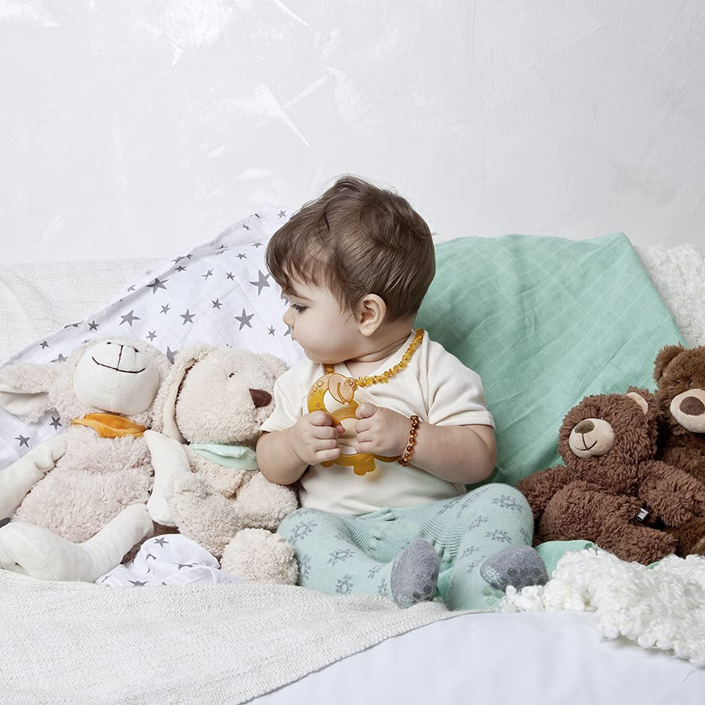 Inel de dentiție din cauciuc natural organic pentru bebelușii care își fac dentiția, masează gingiile, fără BPA, moale, promovează motricitatea fină, design cu dinozauri (639-V1) și periuță de dinți pentru degete din cauciuc natural