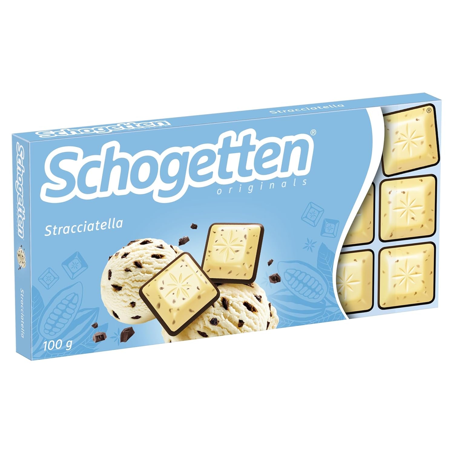 Schogetten Stracciatella chocolate bar 100g, individually portioned. A delight. Piece by piece.