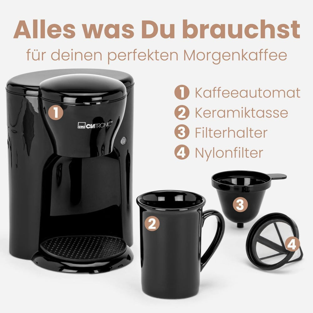 Cafetieră Clatronic® cu 1 ceașcă | Espressor perfect pentru persoane singure | Espressor cu filtru, inclusiv ceașcă ceramică | Espressor mic cu filtru, ideal pentru călătorii | KA 3356