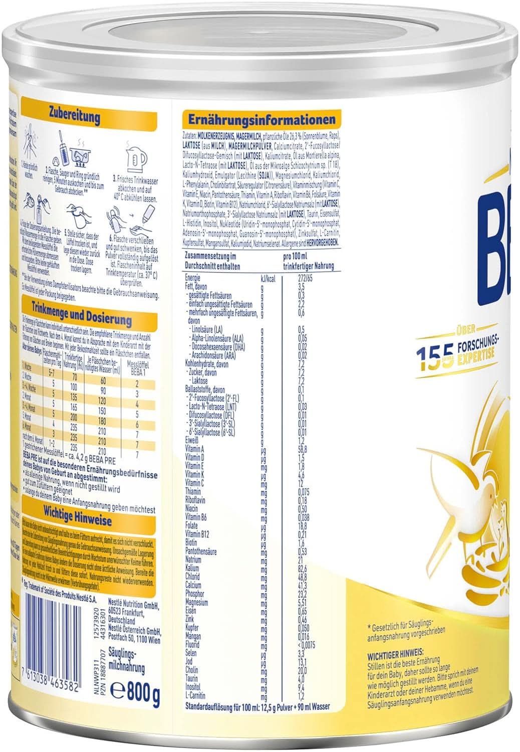 BEBA PRE Initial Milk from Birth, Baby Food with DHA, Lactose Only, No Palm Oil, Pack 3 (3 x 800g) Naty Shop