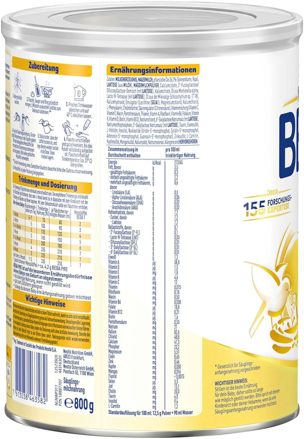 BEBA PRE Initial Milk from Birth, Baby Food with DHA, Lactose Only, No Palm Oil, Pack 3 (3 x 800g) Naty Shop