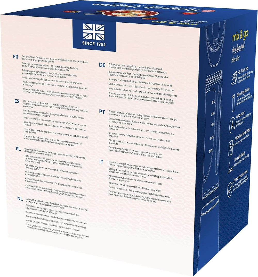 Russell Hobbs Mixer - Standmixer & Smoothie Maker to Go [23,500 U/Min Power-Motor] Inkl. 1X Mixbehälter 600Ml (Bpa-Frei, Spülmaschinen- & Bruchfest Inkl. Deckel) Zerkleinerer, Edelstahl, 23472-56 Kitchen Naty Shop