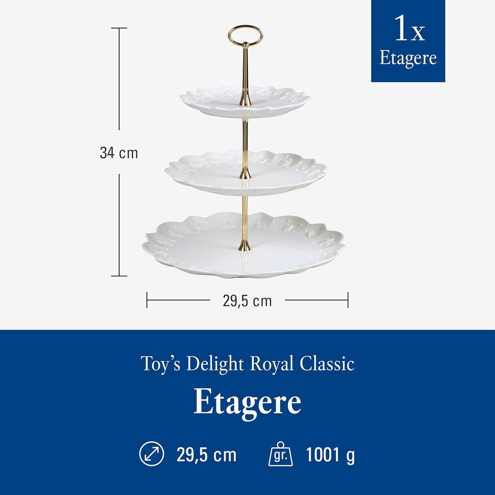 Etajeră Villeroy & Boch Toys Delight Royal Classic, suport decorativ pe niveluri pentru fursecuri, produse de patiserie și bucăți mici de prăjitură, din porțelan premium, alb