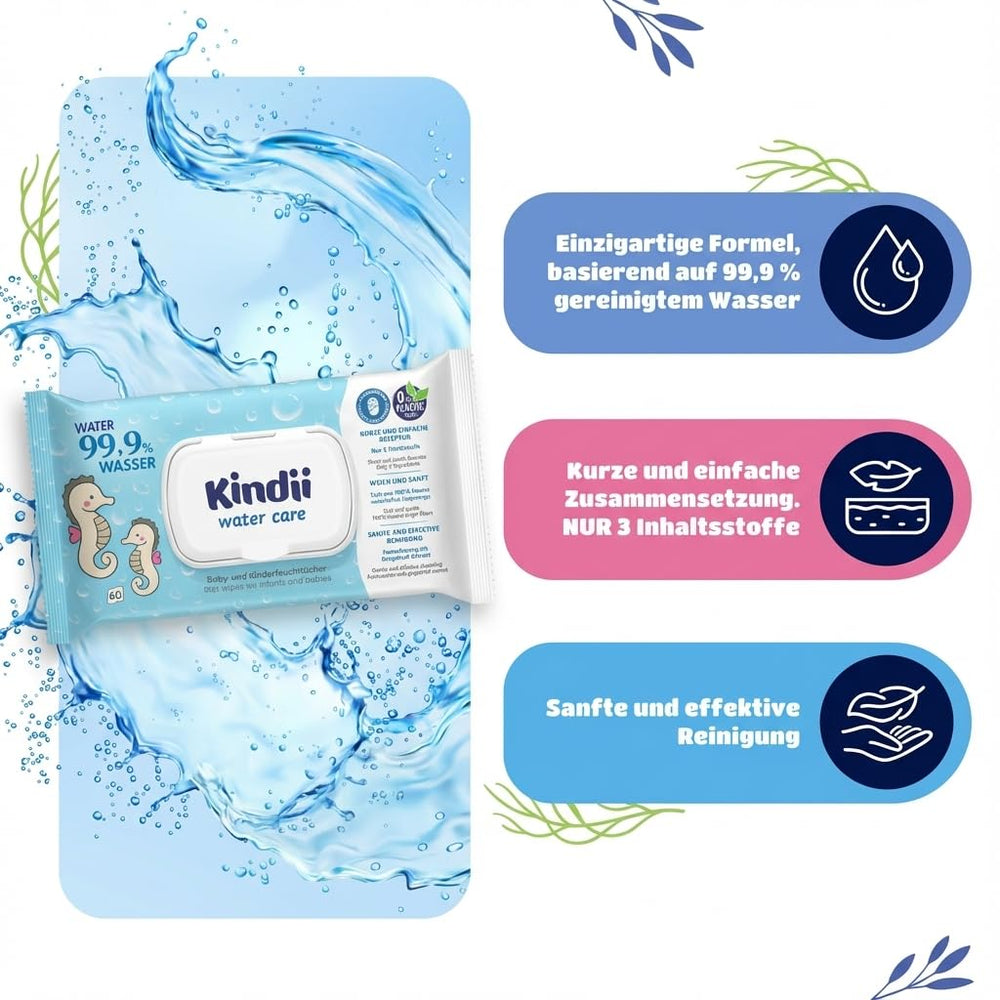 Kindii Water Care Wet Wipes - Aqua Baby Wipes - 100% Viscose, 99.9% Water, Grapefruit Extract, Scarf Size 150x200, 100% Biodegradable, Plastic Free, Cleansing Wipes for Sensitive Skin