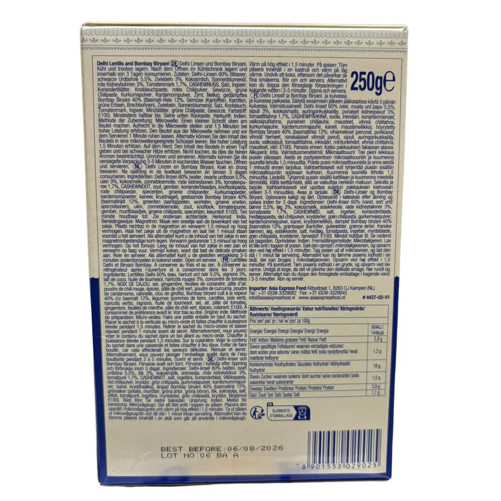ASHOKA - Instant Delhi Lentils and Bombay Biryani - (1 x 250g)
