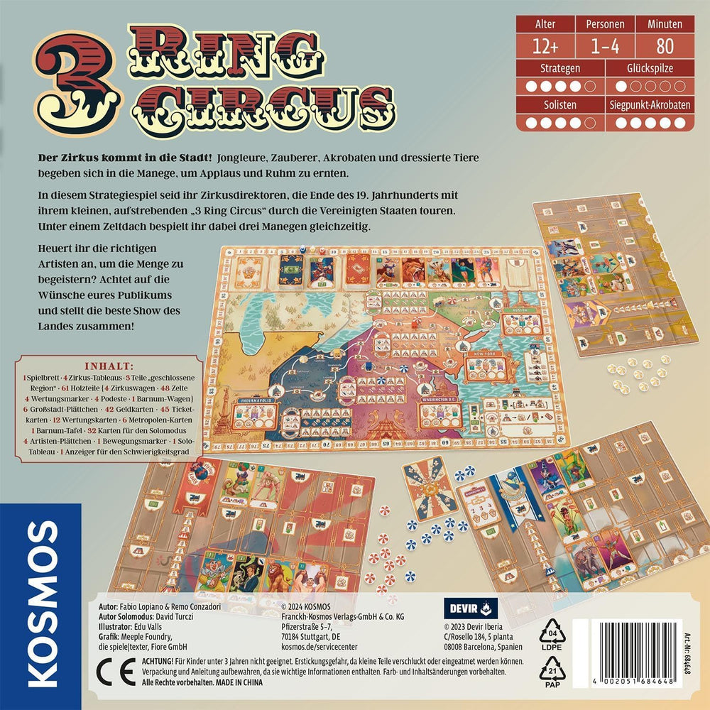 KOSMOS 684648 3-Ring Circus Adult Board Game 12+ Strategy Game 1-4 Player Party Game USA Traveling Circus Late 19th Century