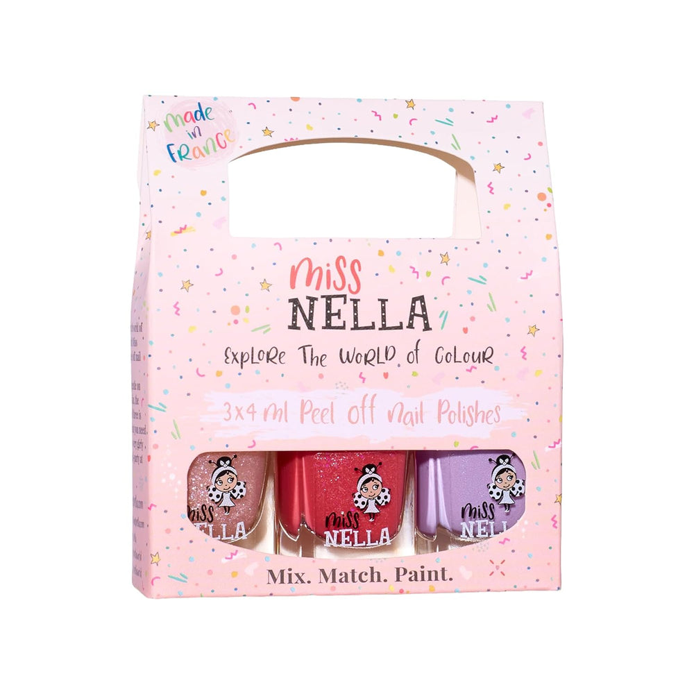 Miss Nella Magic Collection 4 Piece Glitter Nail Polish Set: Pink, Red, Gold and Blue, Kids Special Removable Nail Polish, Non-Toxic, Water-Based, Odorless
