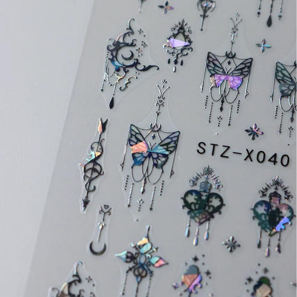 3D Metallic Schwarz Schmetterling Nagelsticker - Laser Pink Aurora Nagelaufkleber - Punk Butterfly Nail Art Stickers - Silver Nail Sticker - Nageldesign Zubehör