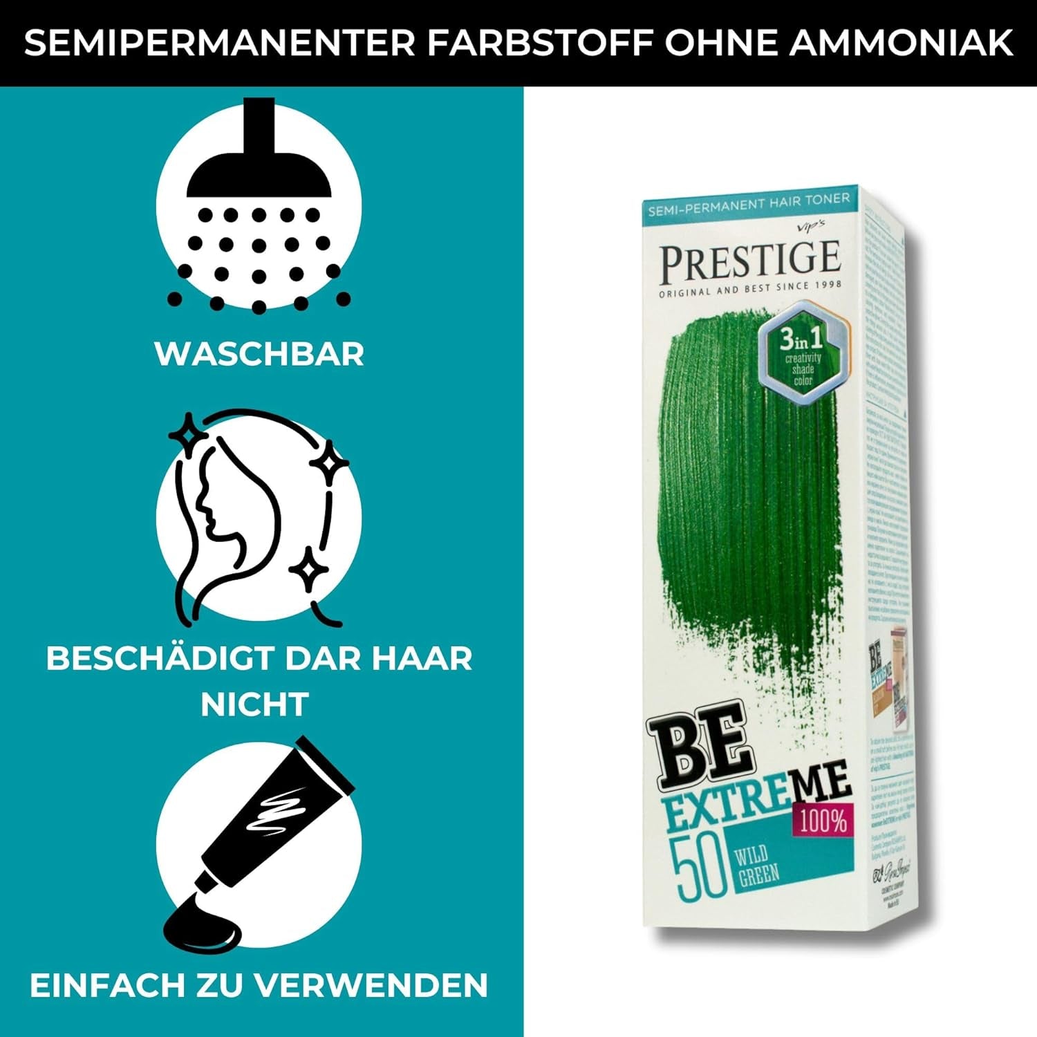 Vip's Prestige Be Extreme | Tonic semipermanent pentru păr 50 Wild Green | Pigment pur | Adaugă culoare părului vopsit sau cărunt | Rezultat temporar | Fără amoniac, fără parabeni, fără PPD Vopsea pentru par Naty Shop