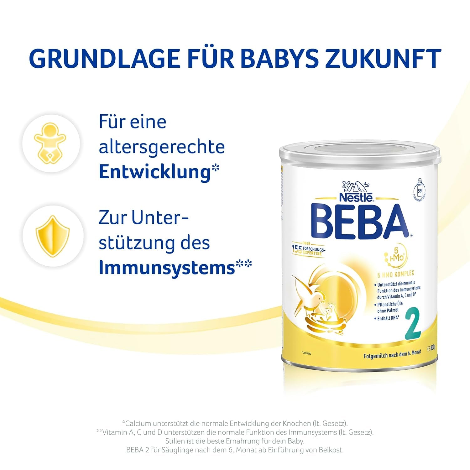 BEBA 2 - Follow-on milk after 6 months, with 5 HMO complex, age-appropriate protein content, lactose-free, palm oil-free, fish oil-free, baby food, baby milk powder, pack of 3 (3 x 800g)