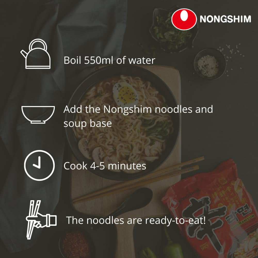 Tăiței instant Nong Shim Kimchi Ramyun Bol mare – Supă ramen coreeană – Preparare rapidă – 1 pachet de 112g