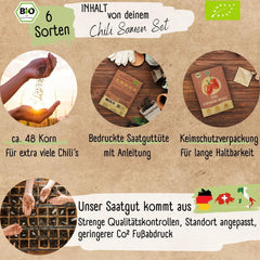 Organic Chili Seed Set - 6 Organic Chili Seeds, Mild to Extremely Spicy, Free Pollinated Quality | from spicy Habanero to colorful and traditional chili varieties – Pepperoni Seeds