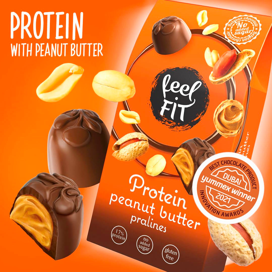 Feel FIT Peanut Butter Protein Pralines in High Quality Milk Chocolate, No Added Sugar, 17% Protein, Gluten Free 66g (1 Pack)