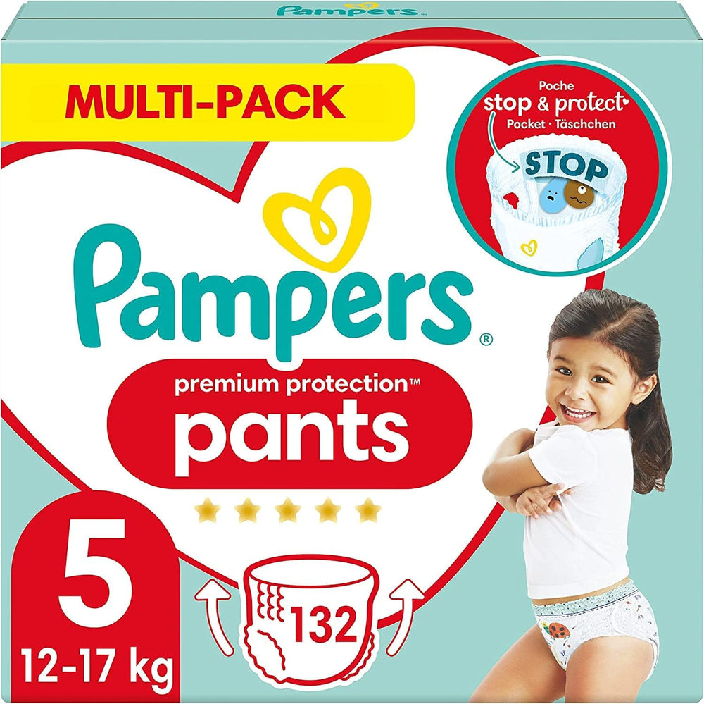Pampers Premium Protection Pants Size 7, 123 Diapers, 15kg+, with 360° adjustment and soft anti-leak cuffs for optimal comfort and protection