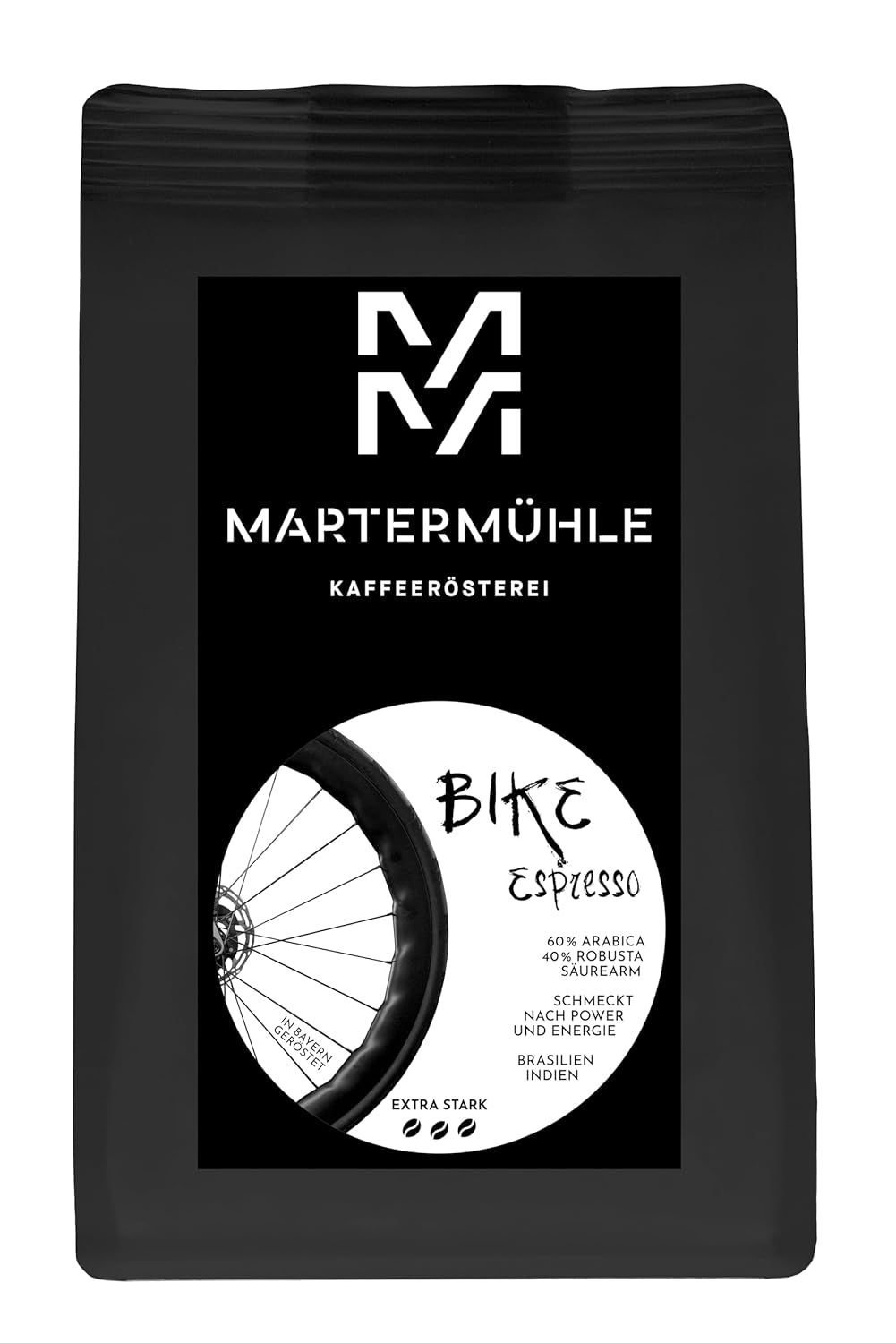 Boabe de espresso Martermühle Bike 500g Strong | Arabica/Robusta | Arome: Nuci de macadamia, ciocolată cu lapte | Boabe de espresso întregi prăjite ușor, aciditate scăzută