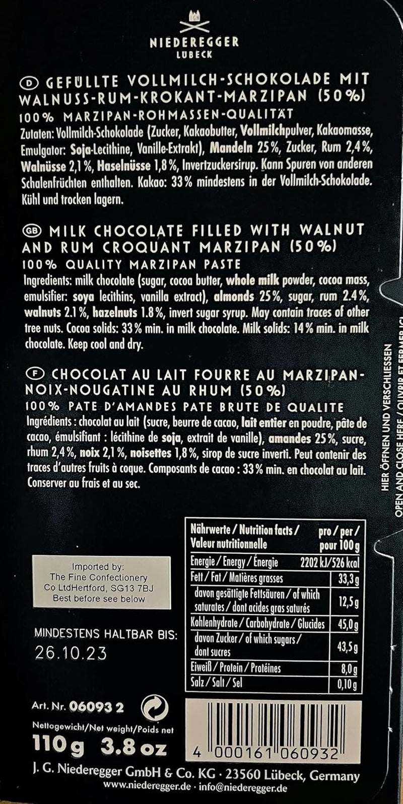 Niederegger Nuc-Rum Brittle marzipan bar 110g