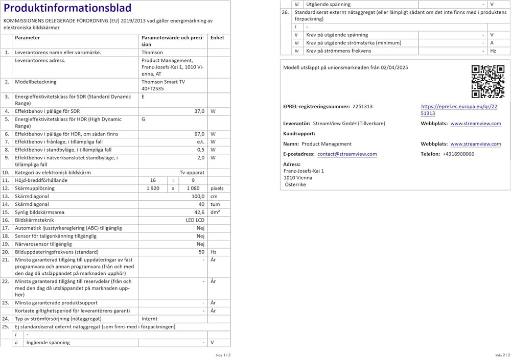 Televizor inteligent THOMSON FHD de 40 de inci (100 cm), Wi-Fi, control vocal, HDR10, Dolby Audio, tuner triplu (cablu/satelit/antenă), HDMI, USB, 1 GB RAM, 4 GB Flash – 40FT2S35