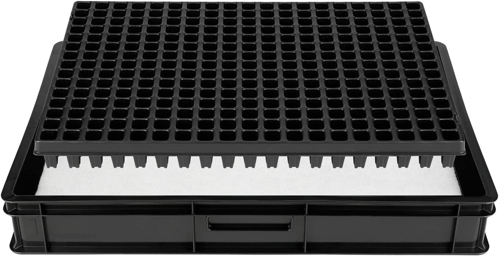 GW-285 Propagation System consisting of GW657 professional water tray, matching capillary mat (water absorption 3L per sq m) and pot tray with 285 pots (23x23mm, 54mm height) in Euro size (600x400mm)