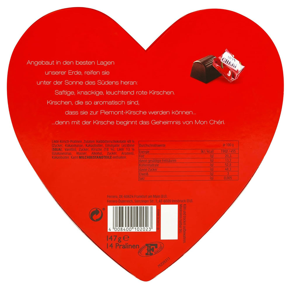 Ferrero Mon Chéri Heart - Valentine's Day Chocolate Gift for Him and Her - Crunchy Chocolate, Fruity Liqueur and Flavored Cherries - For Valentine's Day, Mother's Day and Easter - 1 Pack 147g