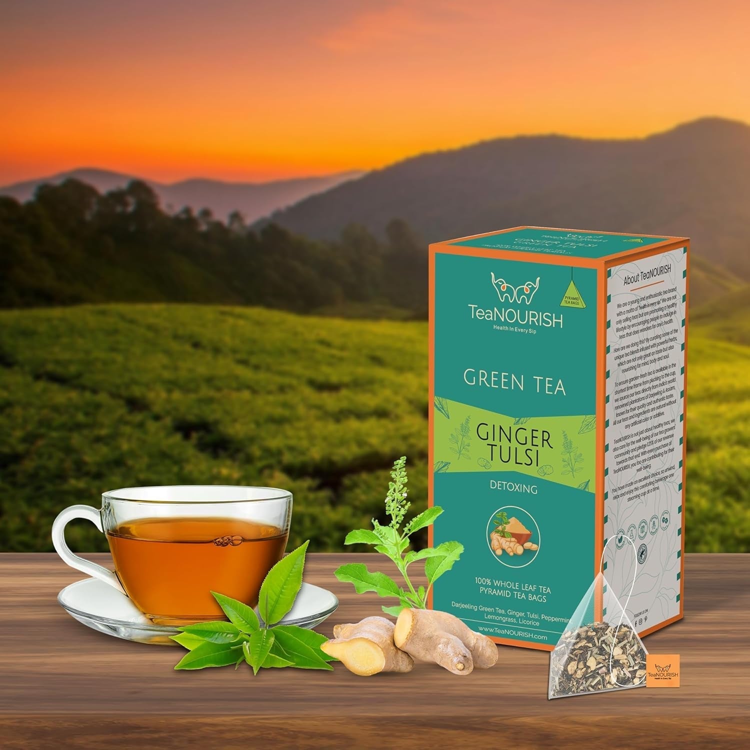 Teanourish Ghimbir Tulsi Ceai verde | 20 pliculețe de ceai piramidale | Darjeeling frunze întregi | Superalimente indiene Ghimbir, Tulsi &amp; Lemn dulce | Ameliorează stresul și favorizează digestia