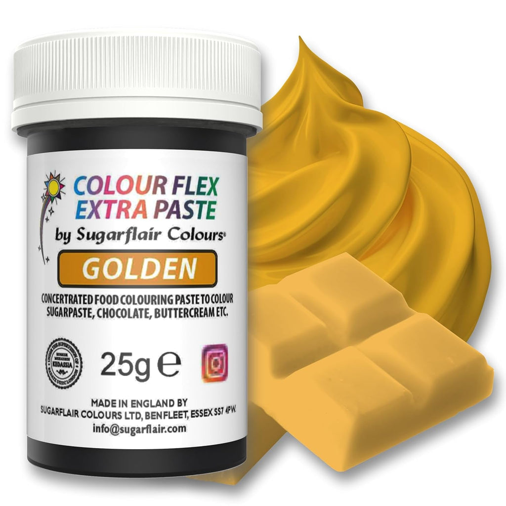 Pastă colorantă alimentară Sugarflair Colourflex Extra Paste Golden - Colorant alimentar comestibil pentru cremă de unt, ciocolată, pastă de zahăr, glazură, fondant, mixuri pentru prăjituri, aluat și multe altele - 25g