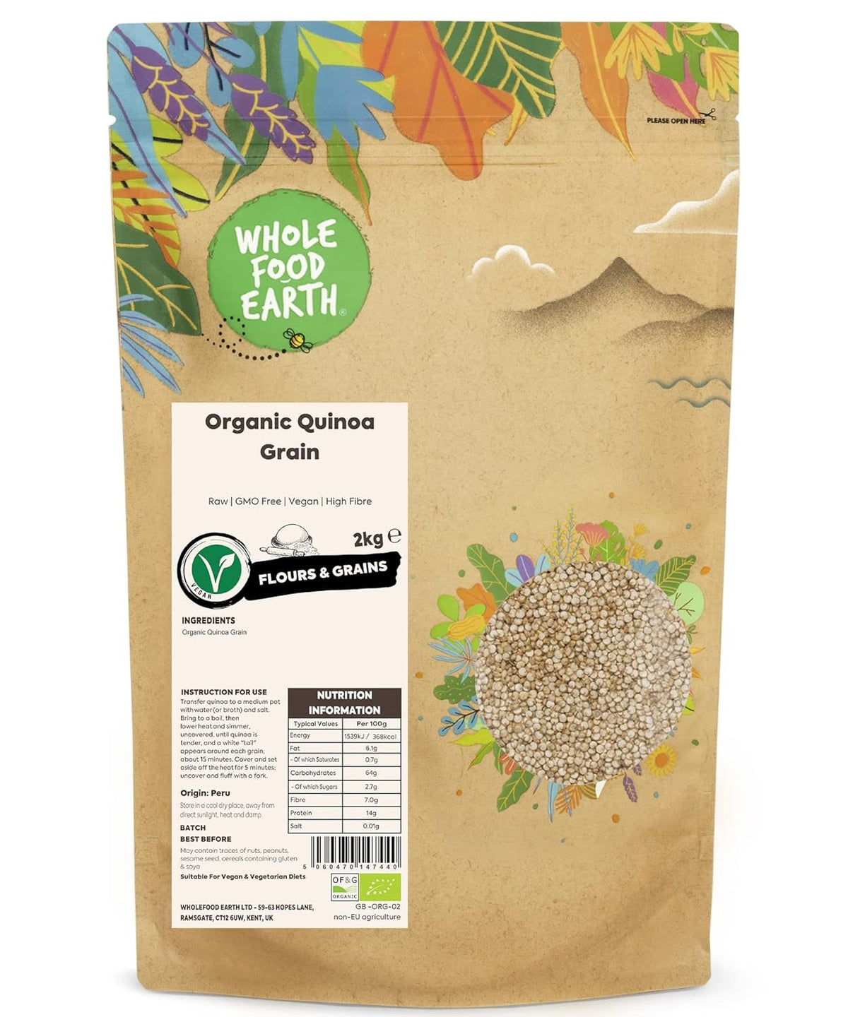 Wholefood Earth Organic Quinoa Grains – 2kg | Cruel | Non-GMO | Vegan | Rich in fiber | Certified organic