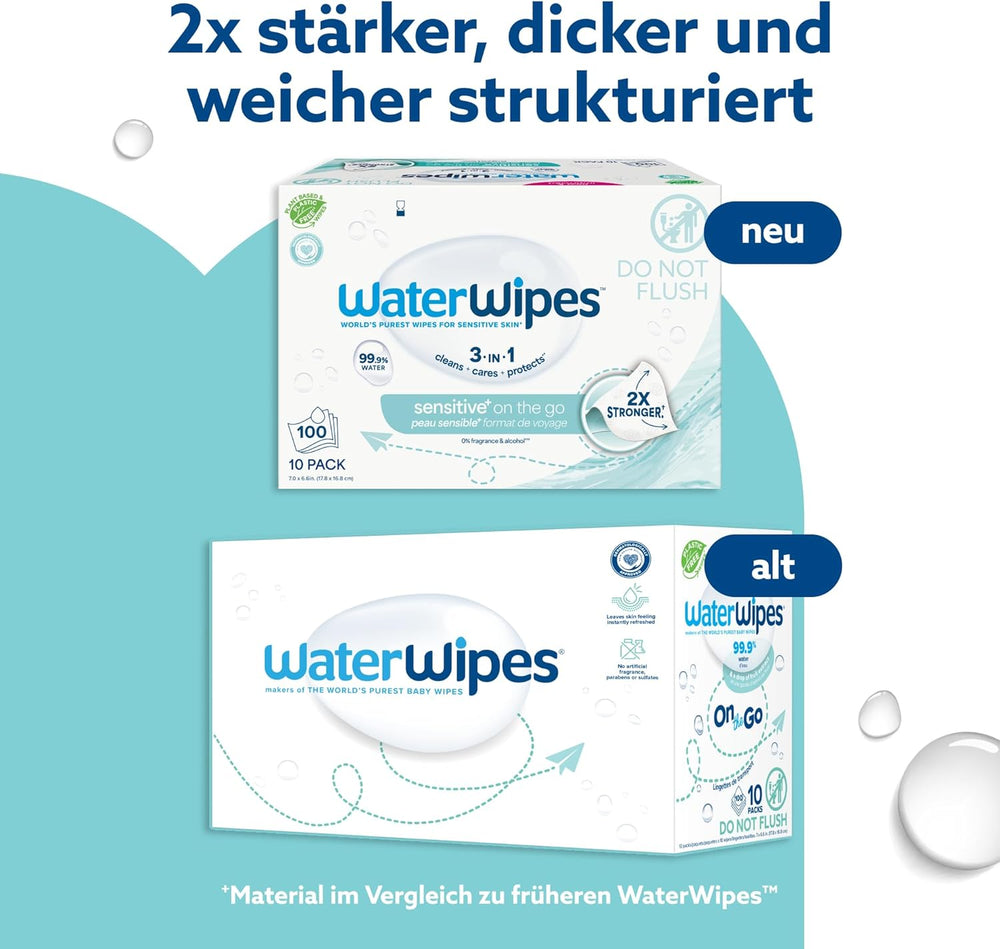 WaterWipes Sensitive+ On The Go Wet Wipes, 100 Wipes (10 Pack), 3 in 1 Cleans, Cares, Protects, 99.9% Water, Fragrance Free Wipes