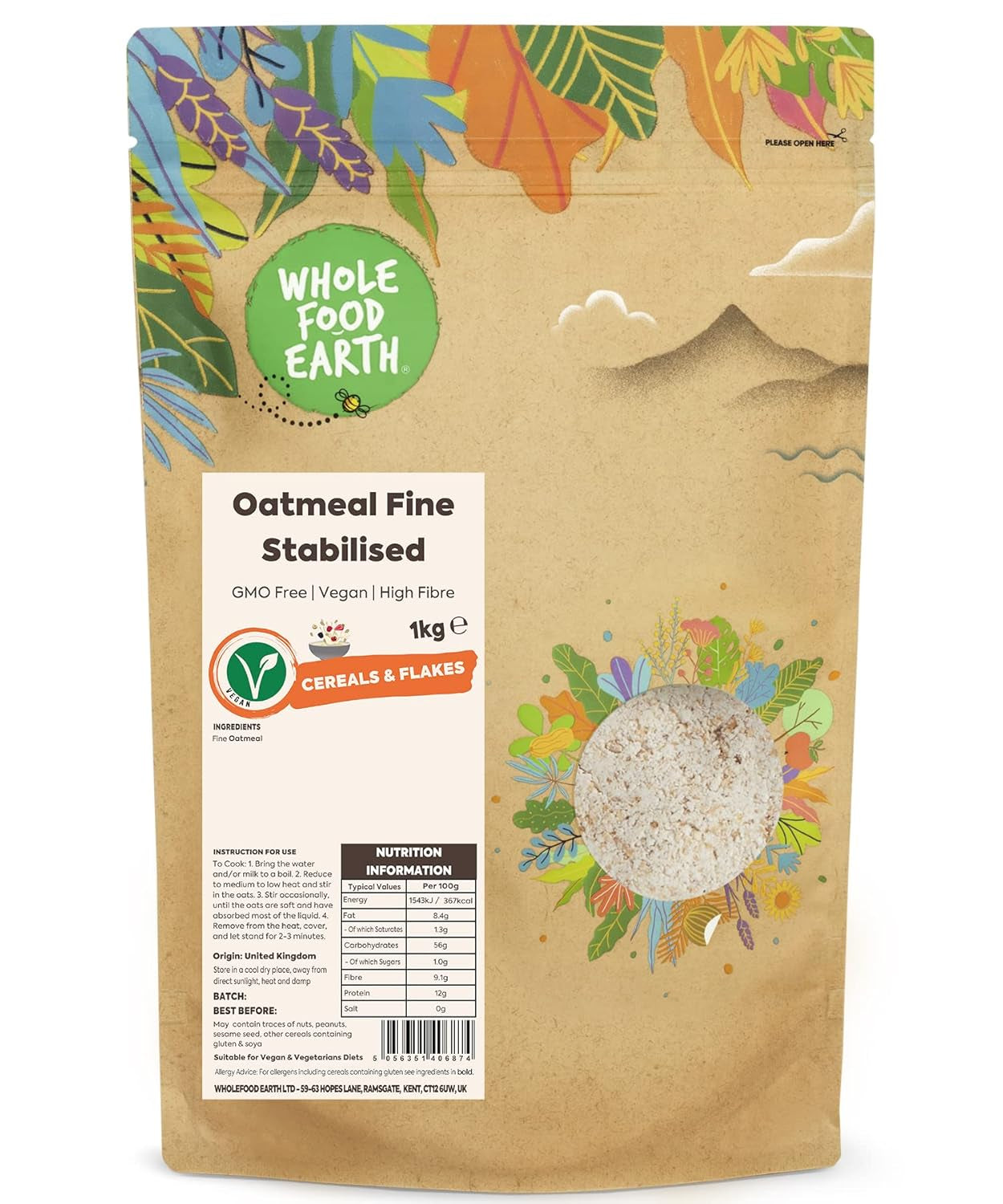 Wholefood Earth Fine Oats - non-GMO - vegan - dairy-free - no added sugar 1 kg
