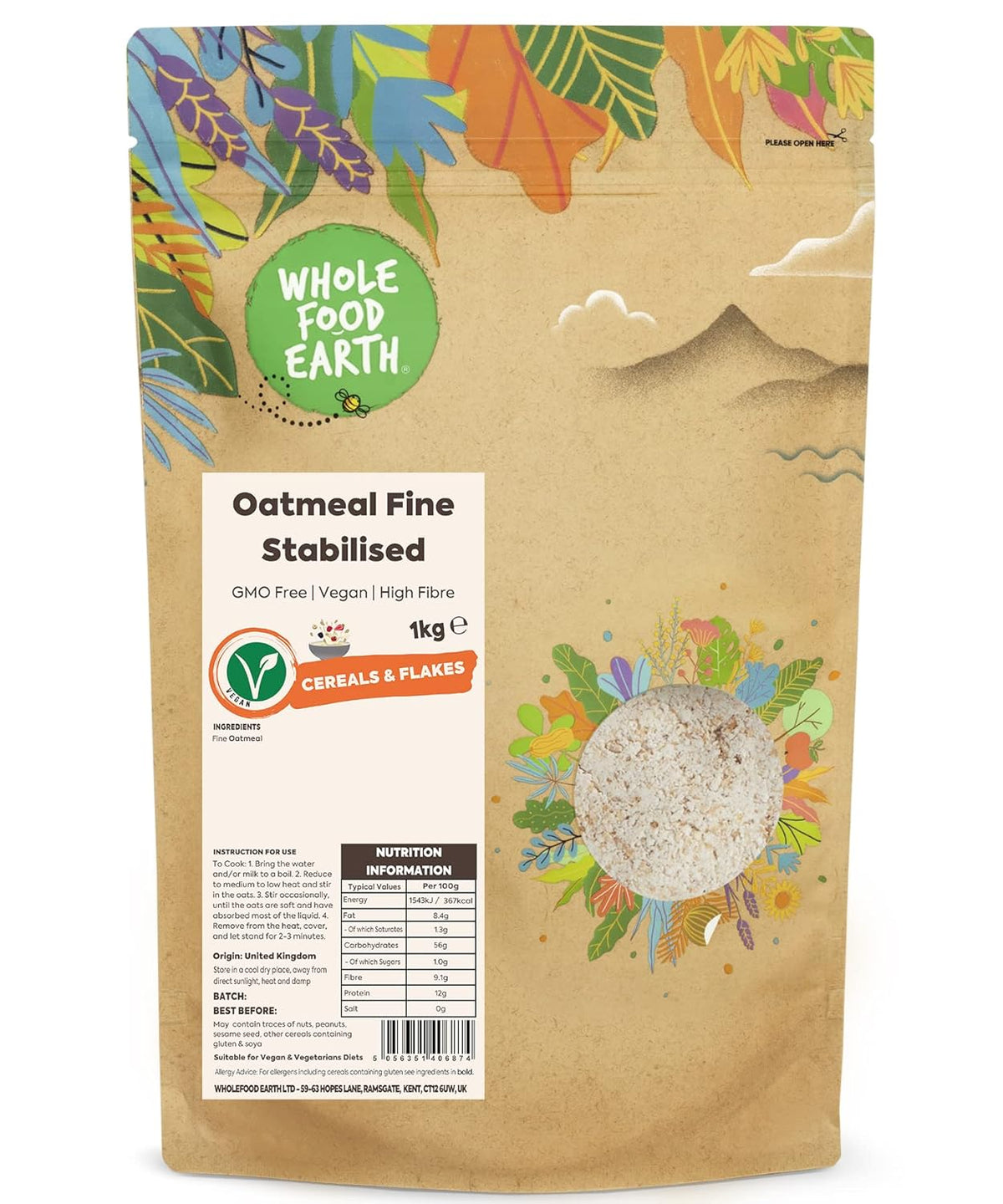 Wholefood Earth Fine Oats - non-GMO - vegan - dairy-free - no added sugar 1 kg