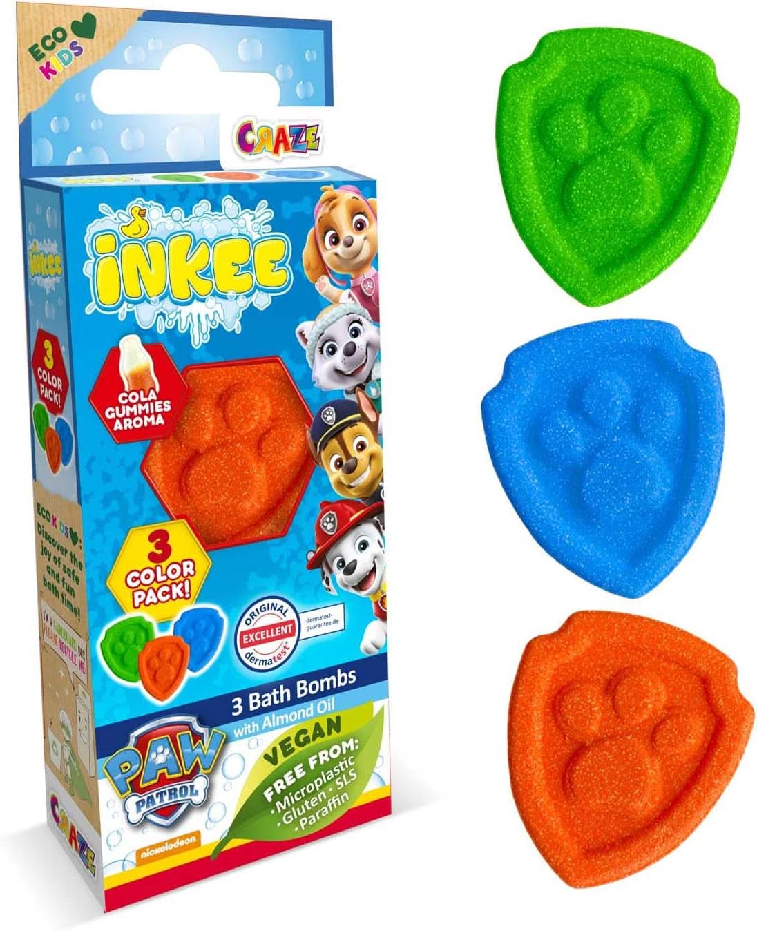 INKEE SURPRISE PAW PATROL, Bath bomb for children with surprise, cola flavor, foam effect, 80 grams Shower and bath Naty Shop Set of 3 Paw Patrol bath balls