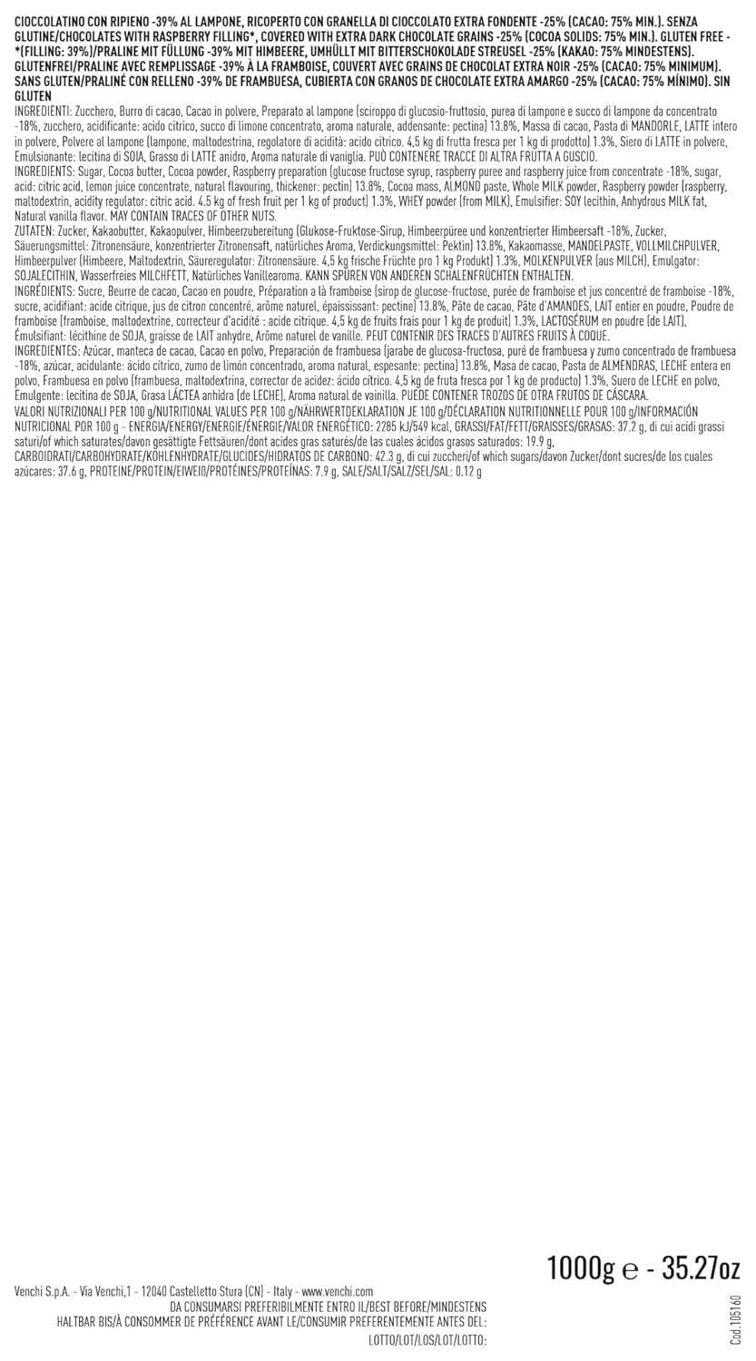 Venchi – Chocoviar Raspberry, pralines in a 1 kg bag, with dark chocolate, gluten-free, without artificial colors and without preservatives