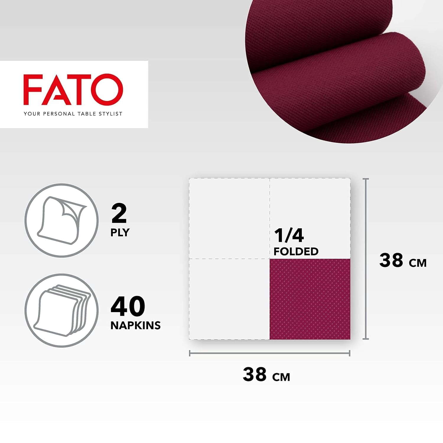 - Șervețele de hârtie de unică folosință, Softness And Softness, pachet de 40 șervețele, dimensiune 38X38, pliate 4 ori, 2 straturi, culoare Bordeaux, hârtie din celuloză pură 100%, certificată Fsc (pachet de 3)