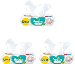 Sensitive Baby Wet Wipes, 260 Wipes (5 x 52), Fragrance Free, for Gentle Gentle Cleaning (Pack of 3)
